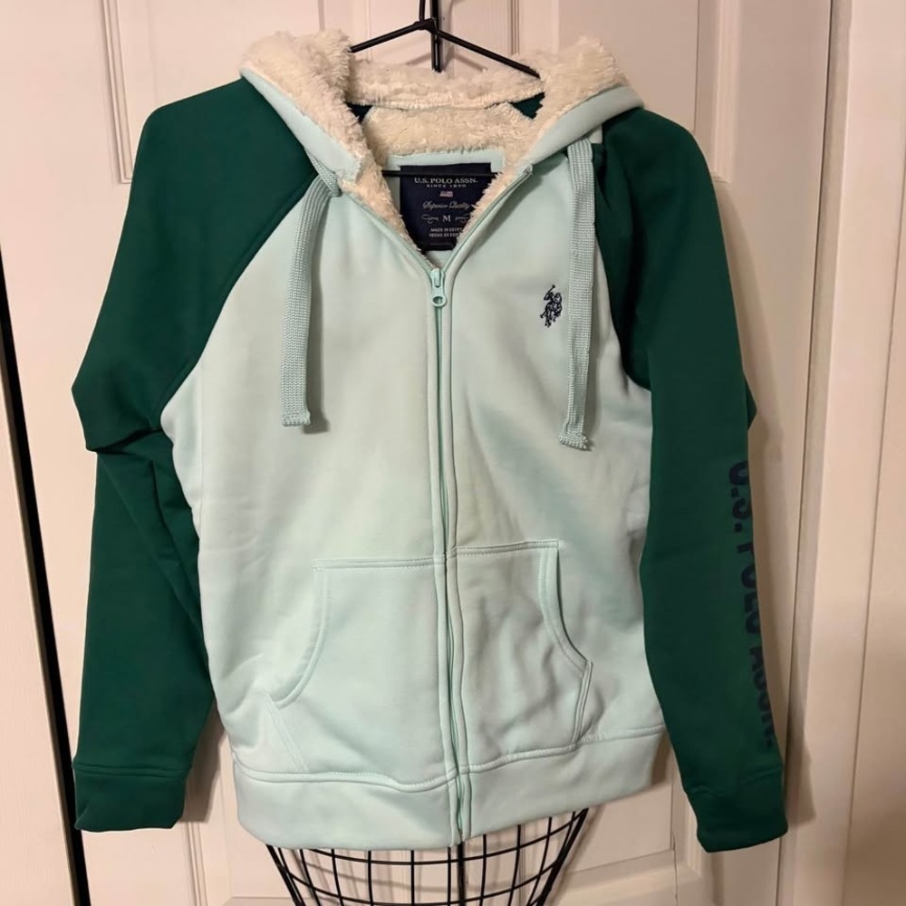 NWT U.S. Polo Assn Sherpa Lined Full Zip Hoodie Mint Green Womens M
